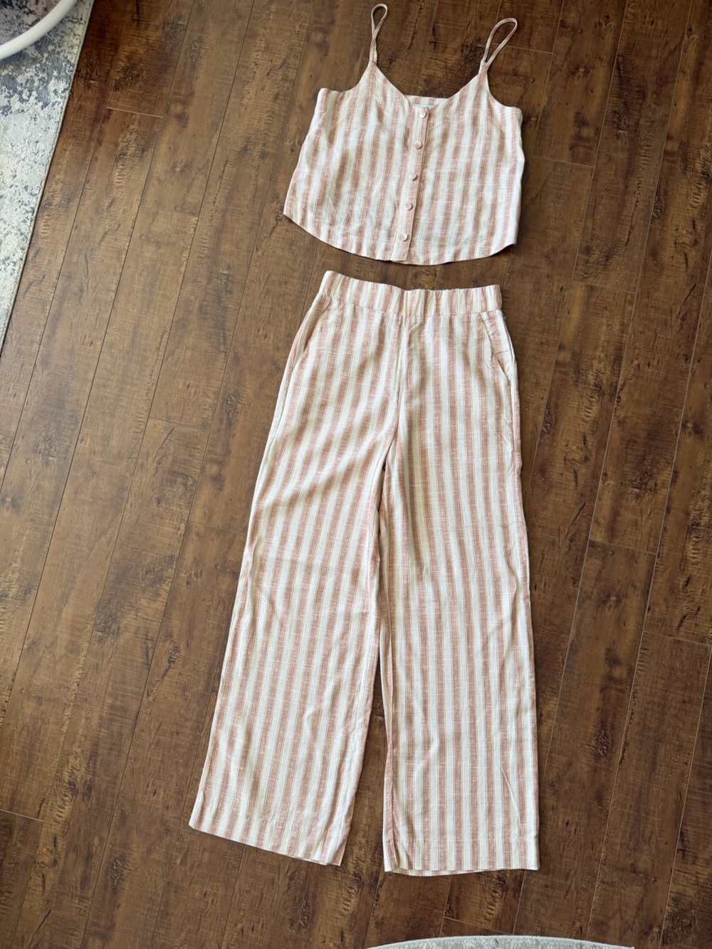 Striped Pink Linen Wide-Leg Pants with Matching Cami Set